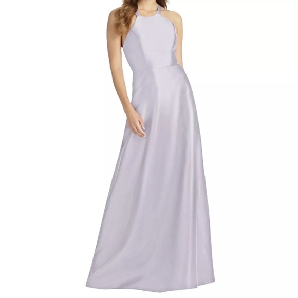 ALFRED SUNG Halter Neck Satin Dress D763 Moondance Crisscross Gown Sz 8 NWT 220 - Picture 1 of 13